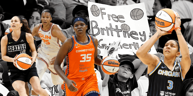 A black and white background image of children at a Phoenix Mercury game holding up a sign that says "Free Brittney Griner." On top of it, images of four WNBA players in-game: Sue Bird, Alyssa Thomas, Jonquel Jones, Candace Parker
