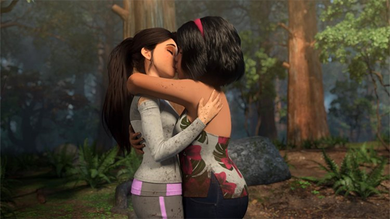 Yaz and Sammy kiss in he forest in Jurassic World Camp Cretaceous