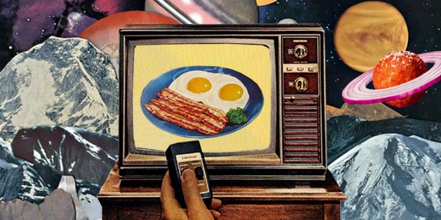 An old television screen shows an image of eggs and bacon. Behind it are planets and rock formations. There is a meatball with red onion for its rings, looking like Saturn. A hand holds a remote.