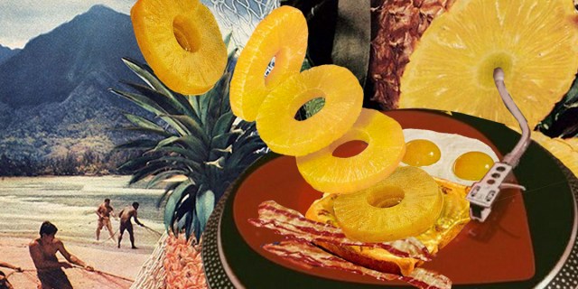 Rings of pineapple on a record player with eggs and bacon