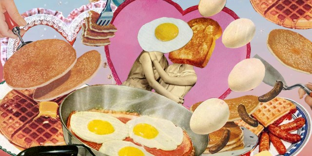 A person with an egg for a head and a person with toast for a head hug within a heart and are surrounded by pancakes, waffles, eggs, and bacon