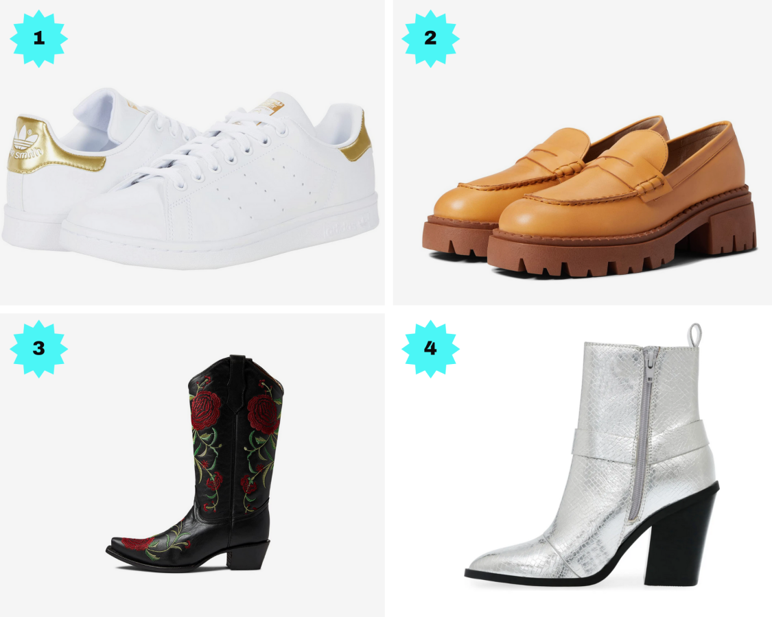Photo 1: White and gold sneakers. Photo 2: Light brown loafers. Photo 3: An embroidered black cowboy boot. Photo 4: A metallic silver heeled boot.