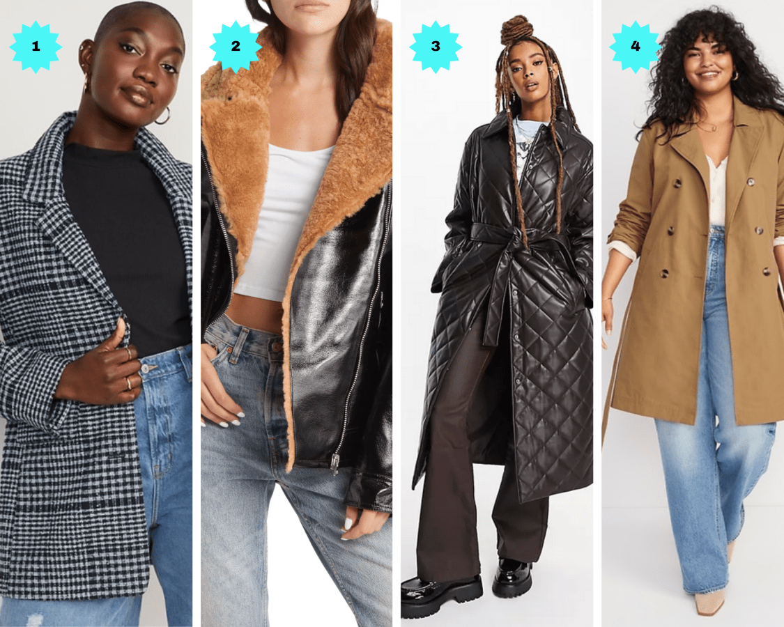 Photo 1: A black and white checked oversized blazer. Photo 2: A fur-collared moto jacket. Photo 3: A long brown quilted coat. Photo 4: A light brown trench.