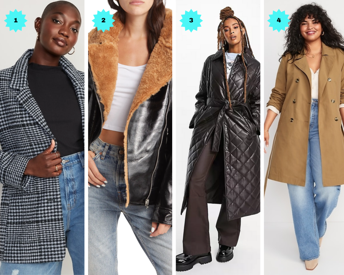 Photo 1: A black and white checked oversized blazer. Photo 2: A fur-collared moto jacket. Photo 3: A long brown quilted coat. Photo 4: A light brown trench.