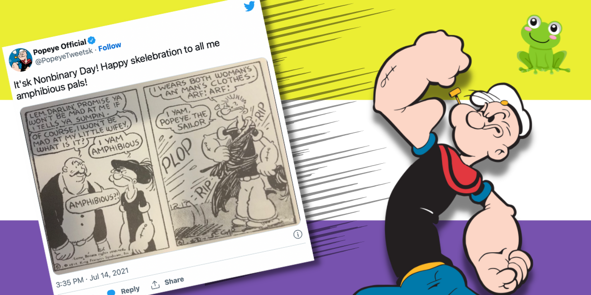 A tweet from the official Popeye's Twitter wishes people a Happy Nonbinary Pride Day and it's superimposed over the Nonbinary Pride Flag with a cartoon popeye and a cartoon frog, behind the tweet are cartoon lines, as if Popeye punched the tweet into the air.