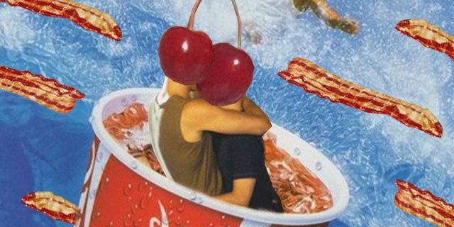 Two bodies with cherries for heads embrace in a cup of Coke. Bacon soars behind them.