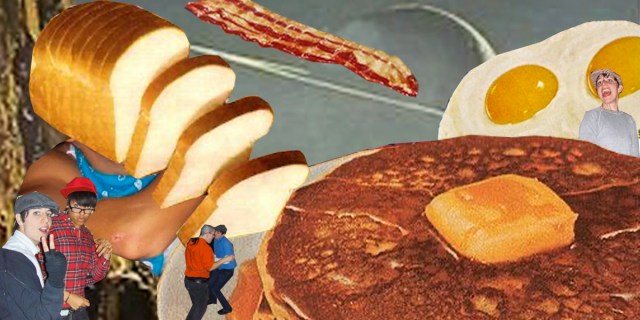 Sliced bread, eggs, pancakes, and bacon, accompanied with photos of people hanging out in Standee's in Chicago around 2009.