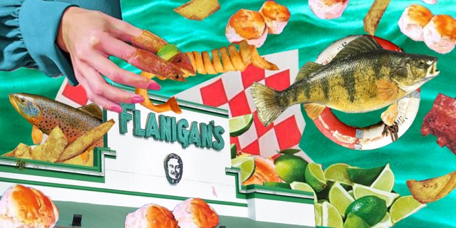 The South Florida chain Flaingan's, surrounded by curly fries, fingers with shrimp on them, fish, citrus, and biscuits.