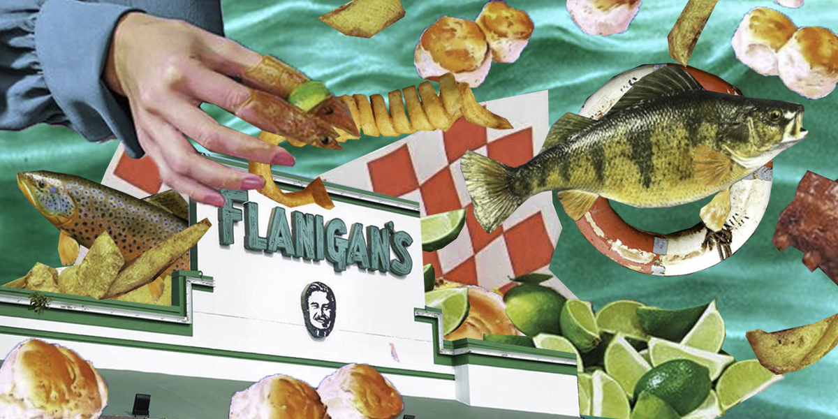 The South Florida chain Flaingan's, surrounded by curly fries, fingers with shrimp on them, fish, citrus, and biscuits.