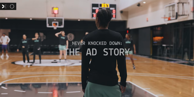 AD on the practice court in New York. Text: Never Knocked Down, The AD Story