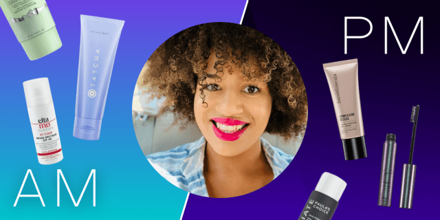 Christina's photo surrounded by products in her routine