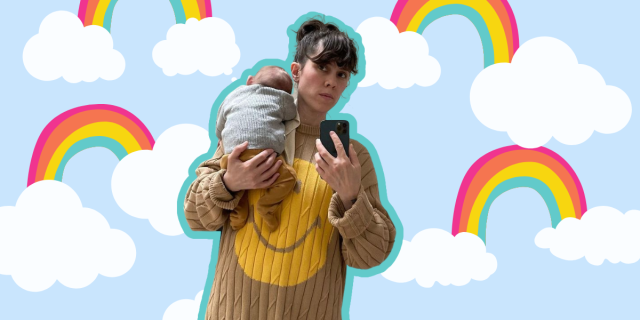 Sara Quinn holding a baby against a cartoon rainbow backdrop