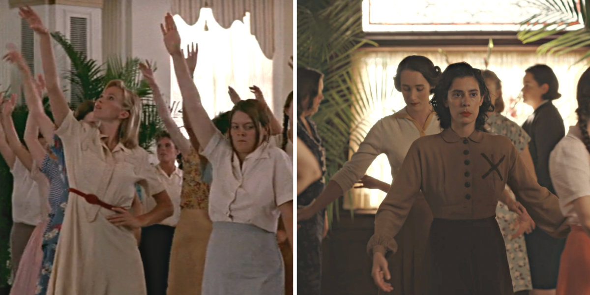 A League of Their Own movie references and Easter eggs: side by side images from the 1992 film and the movie of women baseball players awkwardly dancing in 1940s clothing