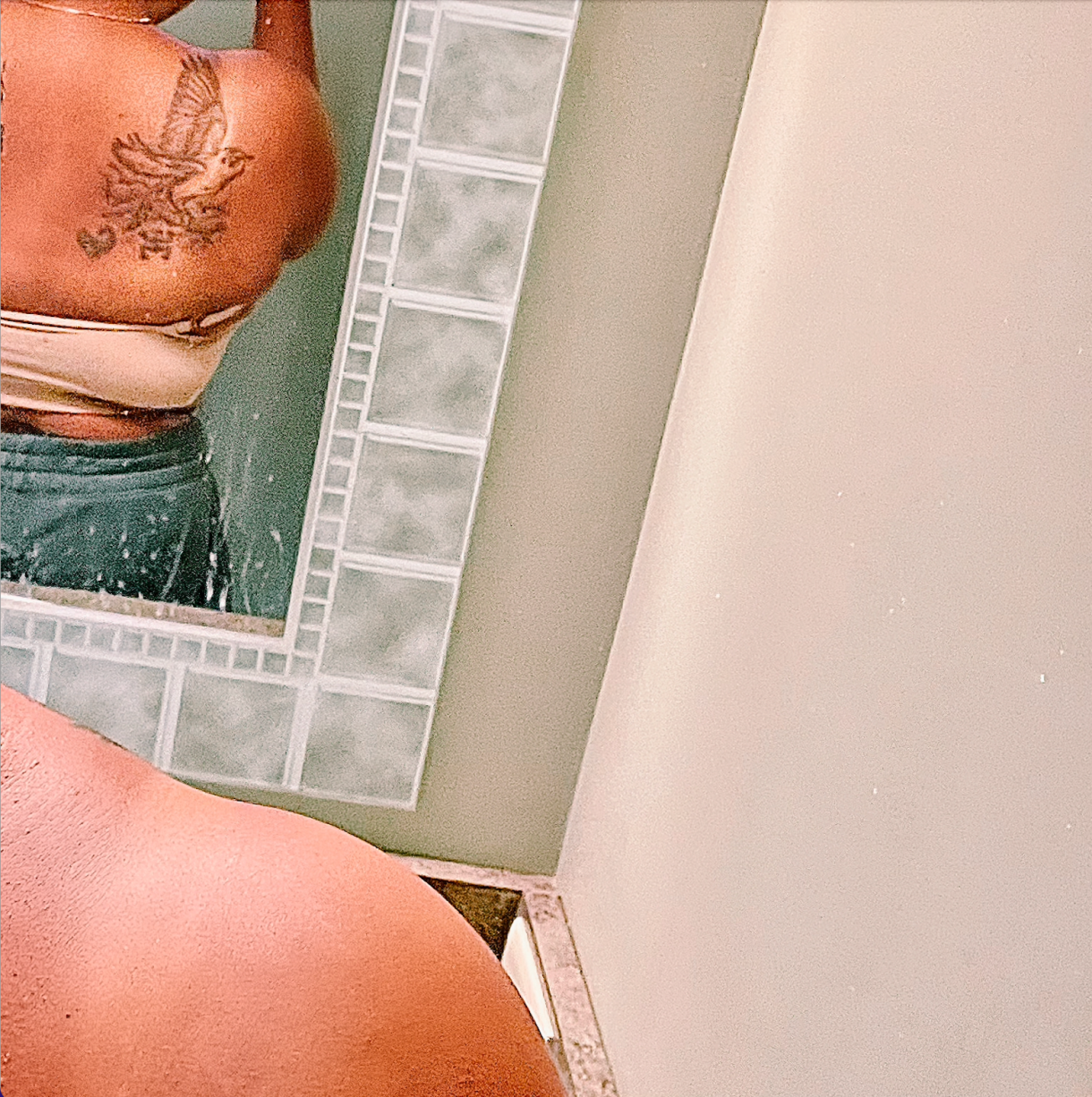 Carmen takes a backwards selfie in the mirror showing off her back shoulder tattoo of an eagle over two symbols, a sankofa and a coqui. Carmen is a Black woman.