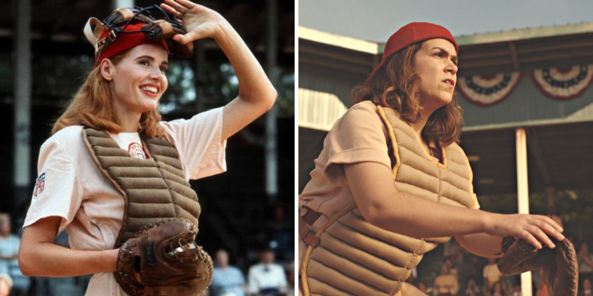 A League of Their Own movie references and Easter eggs: side by side images of geena Davis as dottie Hinson in the 1992 movie in a catcher's mitt and Abbi Jacobsin in the 2022 movie also in a catcher's uniform