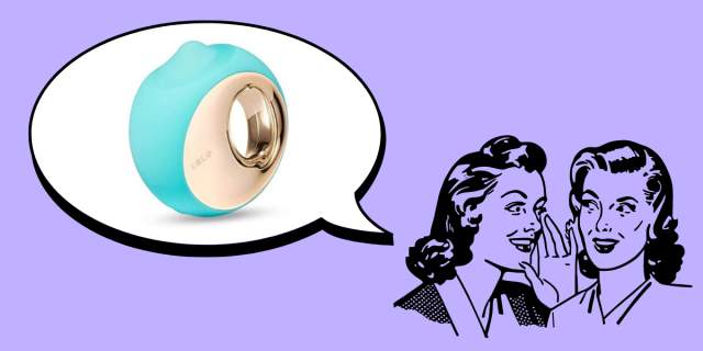 In the bottom right corner of the image, there is a black line drawing of two women with 1950s hairstyles whispering to each other against a lavender background. In the upper left corner, there is a speech bubble. Inside the speech bubble, there is an image of a circular, teal sex toy with a gold plastic center.