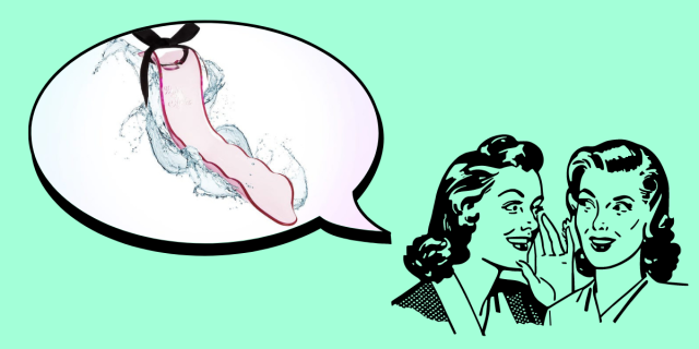 In the bottom right corner of the image, there is a black line drawing of two women with 1950s hairstyles whispering to each other against a teal background. In the upper left corner, there is a speech bubble. Inside the speech bubble, there is an image of a pink piece of plastic shaped like a slide with a black bow on top. Waves are visible around the plastic.