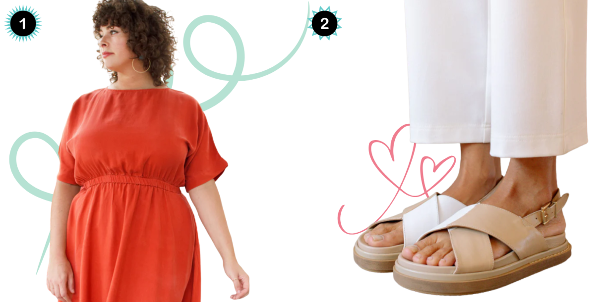Photo 1: A red short sleeved dress with a cinched waist. Photo 2: Tan and white colorblocked strappy sandals.