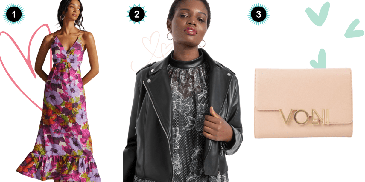 Photo 1: A floral maxi dress. Photo 2: A black leather jacket. Photo 3: a pale pink clutch.