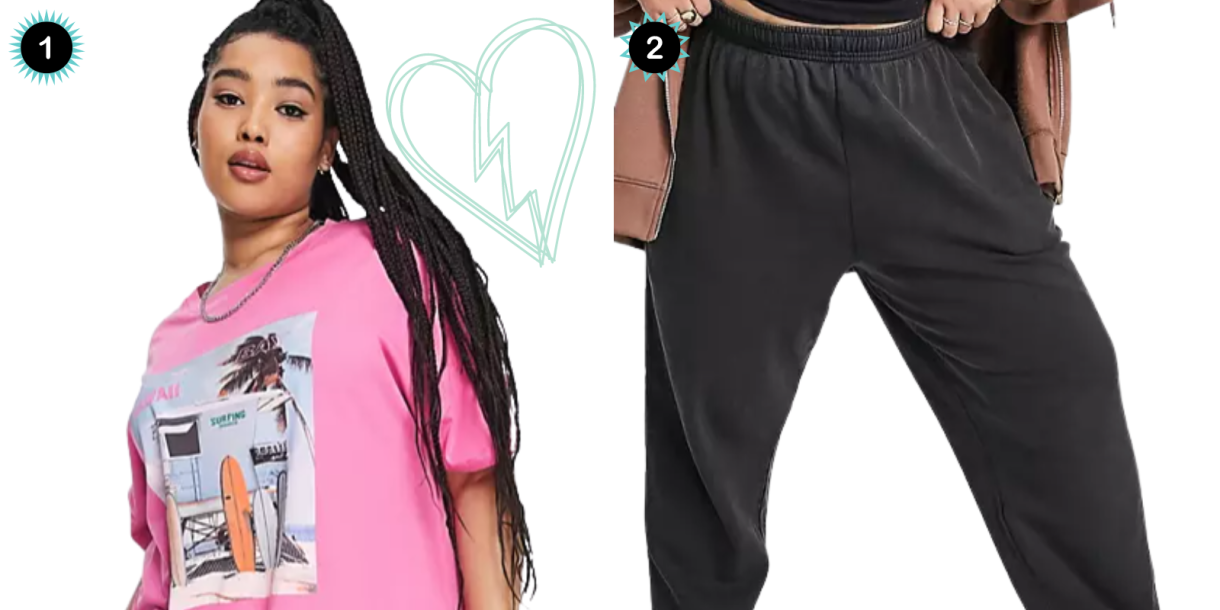 Photo 1: A pink graphic tee. Photo 2: Black sweatpants.