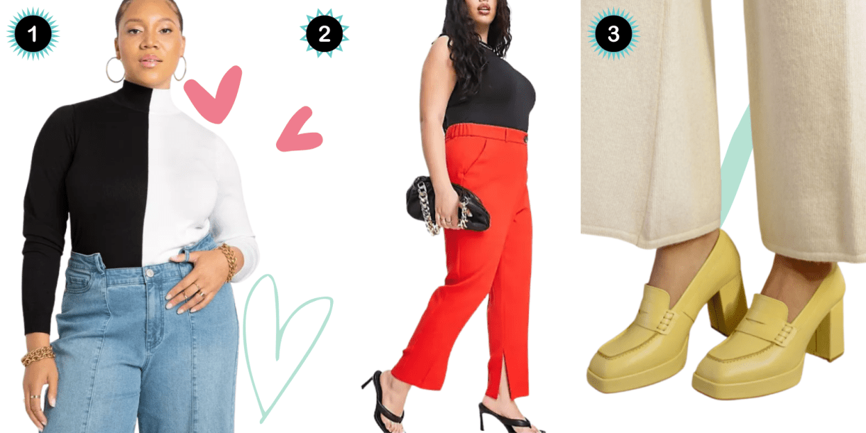 Photo 1: A white and black colorblocked turtleneck. Photo 2: Red straight-legged pants. Photo 3: Yellow heeled loafers.