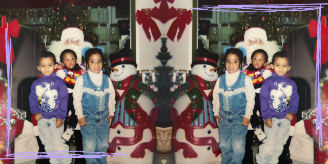 A double image of Dani, and her two brothers, Dakota and Dave, standing with Santa Claus. They are, at the time, three young, Black children, wearing 90's fashion, surrounded by Christmas deco
