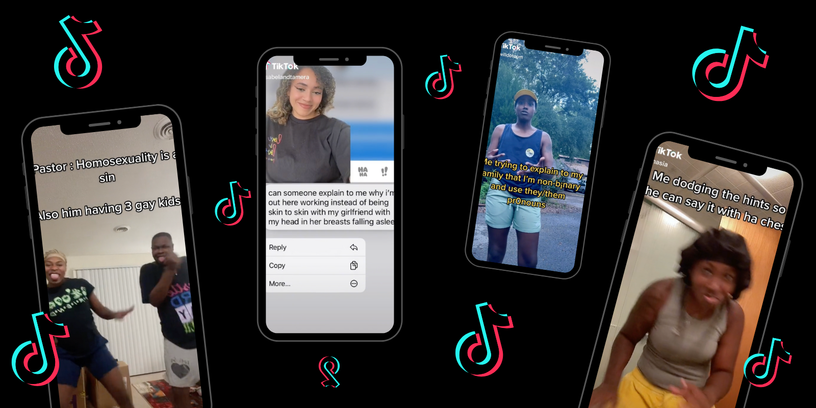 Four phones with screenshots of various TikToks on a Black background, the TikTok logo floats in between them all