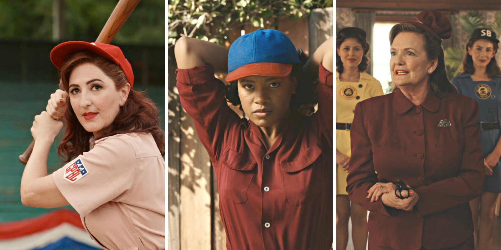 A League of Their Own recap: in a three way split, greta comes up to base, max winds up a pitch, and Vivienne Hughes instructs the Peaches