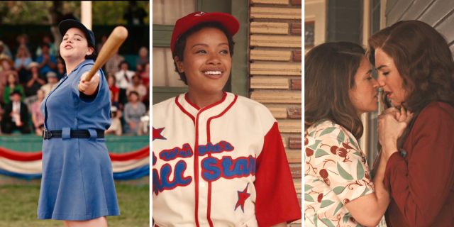 In a three-way split, three images from A League of Their Own: Jo Deluca at bat in a blue uniform, Max Chapman in her new Negro League uniform, and Carson and Greta kissing by the side of a building