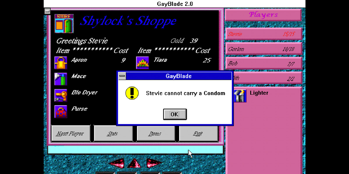 A black pixelated black screen of the video game GayBlade that says "Stevie Cannot Carry a Condom," it also has colors of turquoise blue and pink