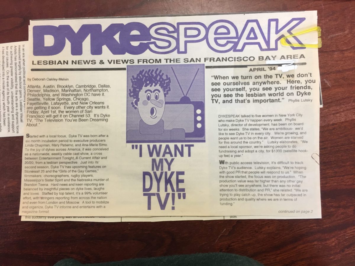 The periodical DYKE SPEAK: Lesbian news & Views from the San Francisco Bay Area. The issue features a review of Dyke TV and a cartoon looking at a TV that says "I want my Dyke TV!"