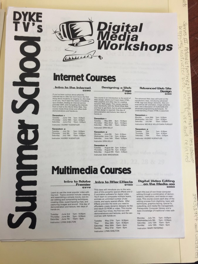 A flyer advertising Dyke TV digital media courses for up-and-coming producers. It says SUMMER SCHOOL on the side and lists internet and multimedia courses.