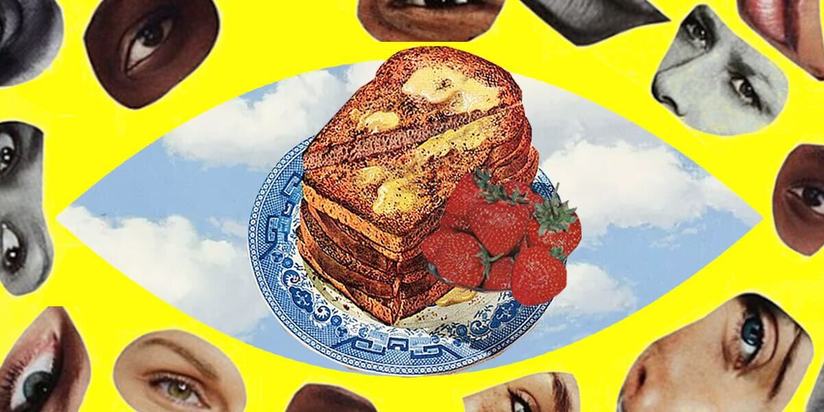 A plate of french toast with strawberries, surrounded by a bunch of eyes.