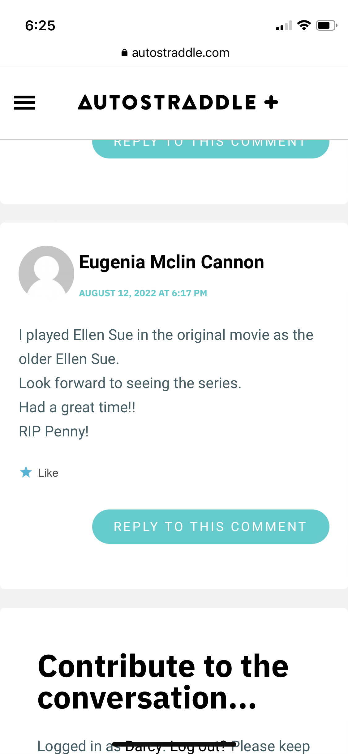 a comment from a Eugenia McLin Cannon that reads I played Ellen Sue in the original movie as the older ellen suie. Look forward to seeing the series. Had a great time!! RIP Penny!