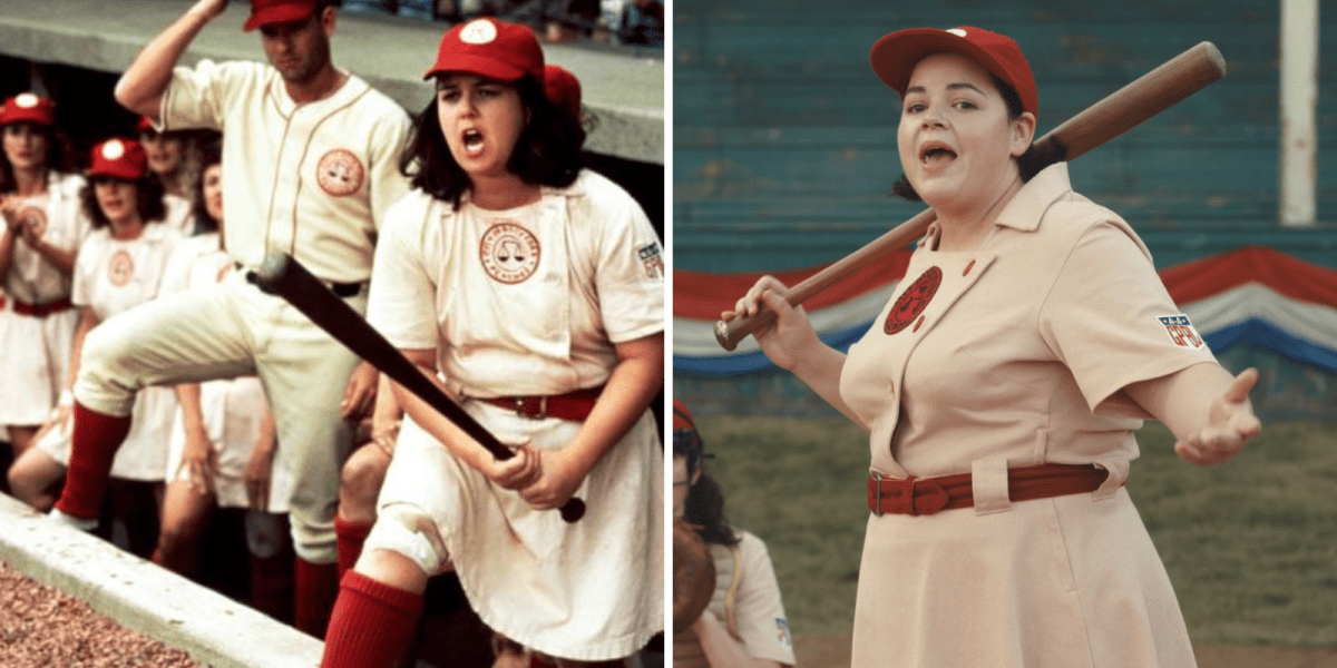 A League of Their Own movie references and Easter eggs: Rosie O'Donnell in a Peaches uniform in the 1992 movie yells, and in the 2022 series Jo, who has a similar body type as Rosie, comes to bat