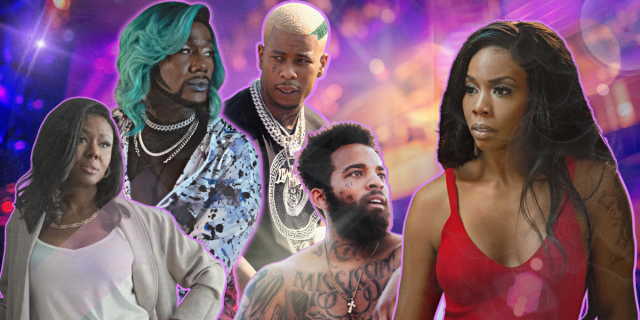 A collage of the queer characters from the television show P Valley in front of brightly colored club lights that are purple, pink, and gold. Left to right: Farrah, Uncle Clifford, Lil Murda, Teak, and Mercedes.