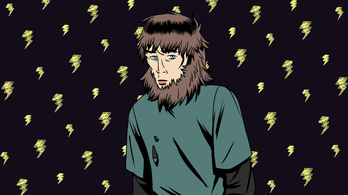 An illustrated teenage bigfoot wears a tattered t-shirt and stands against a background of lightning bolts