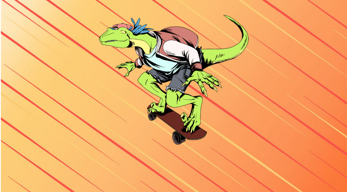 An illustrated raptor rides a skateboard against an orange background.