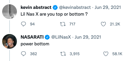 A screenshot from Twitter dated June 29, 2021, shows a tweet from Kevin Abstract that reads, "Lil Nas X are you a top or a bottom?" Lil Nas X replies, "power bottom"
