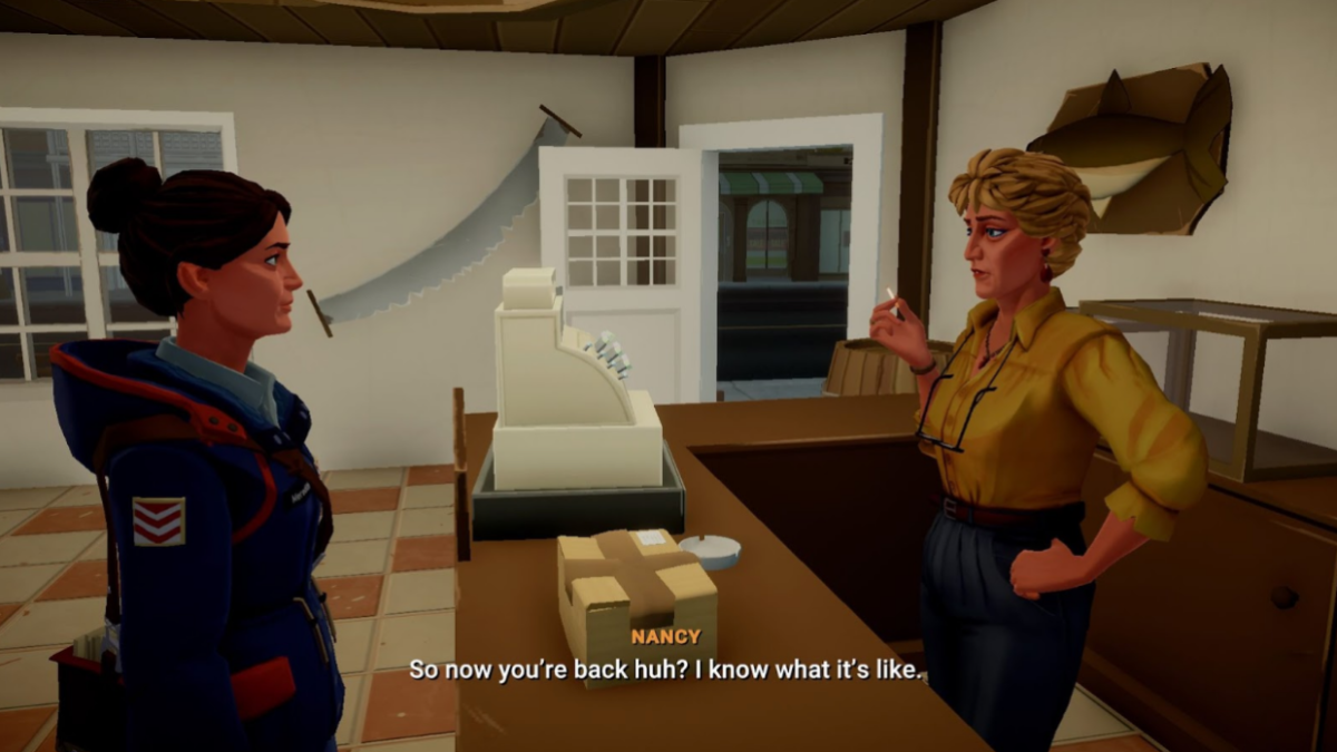 Une capture d'écran du jeu vidéo Lake, dans laquelle une femme nommée Nancy dit "Alors maintenant tu es de retour hein ?  Je sais ce que c'est." de derrière une caisse enregistreuse à une autre femme.