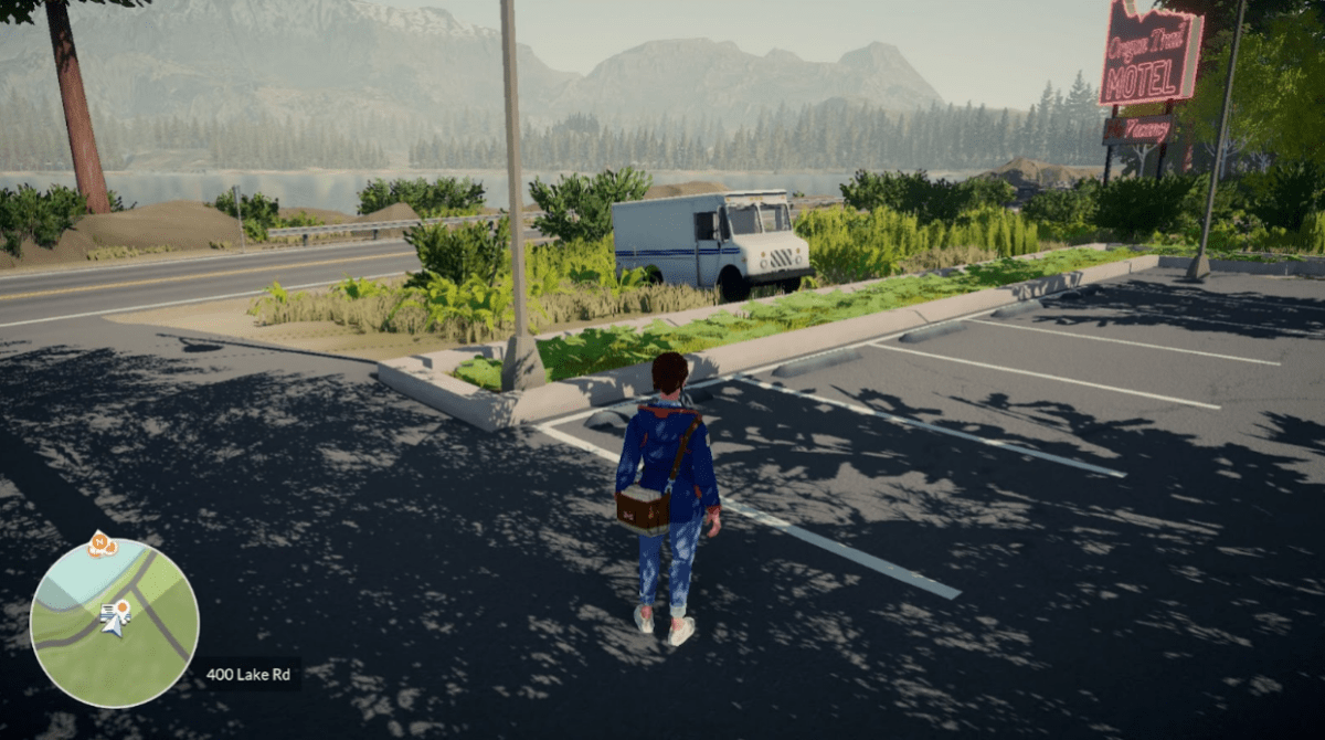 Meredith stands in a Motel parking lot in the video game Lake.