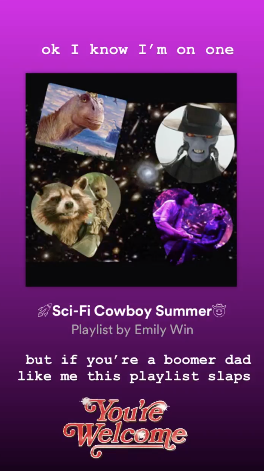 A screenshot of Em Win's Instagram story reading Sci-Fi Cowboy Summer Playlist by Emily Win. Text reads "ok I know I'm on one but if you're a boomer daad like me this playlist slaps"