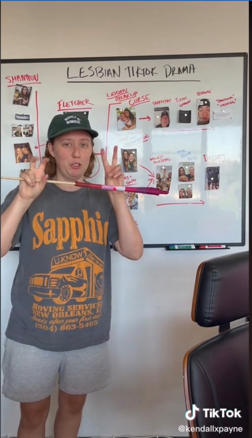 a lesbian tiktoker explaining "Lesbian TikTok drama" in front of a whiteboard