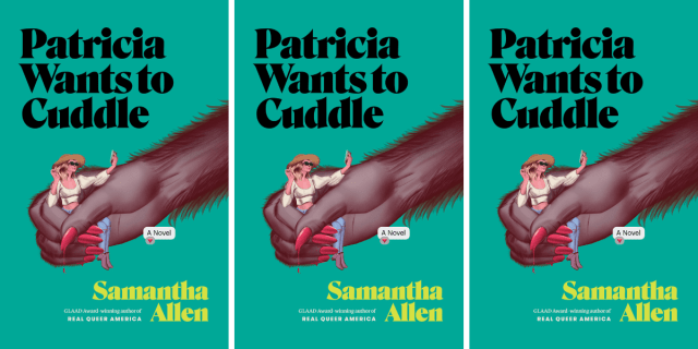 Patricia Wants To Cuddle by Samantha Allen features a furry arm with painted red nails holding a white woman with blonde hair, sun hat, and sunglasses who is taking a selfie.