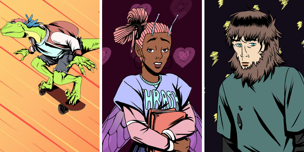 Raptor Boyfriend characters, including a raptor on a skateboard, a winged fairy holding a book, and a teenage bigfoot.