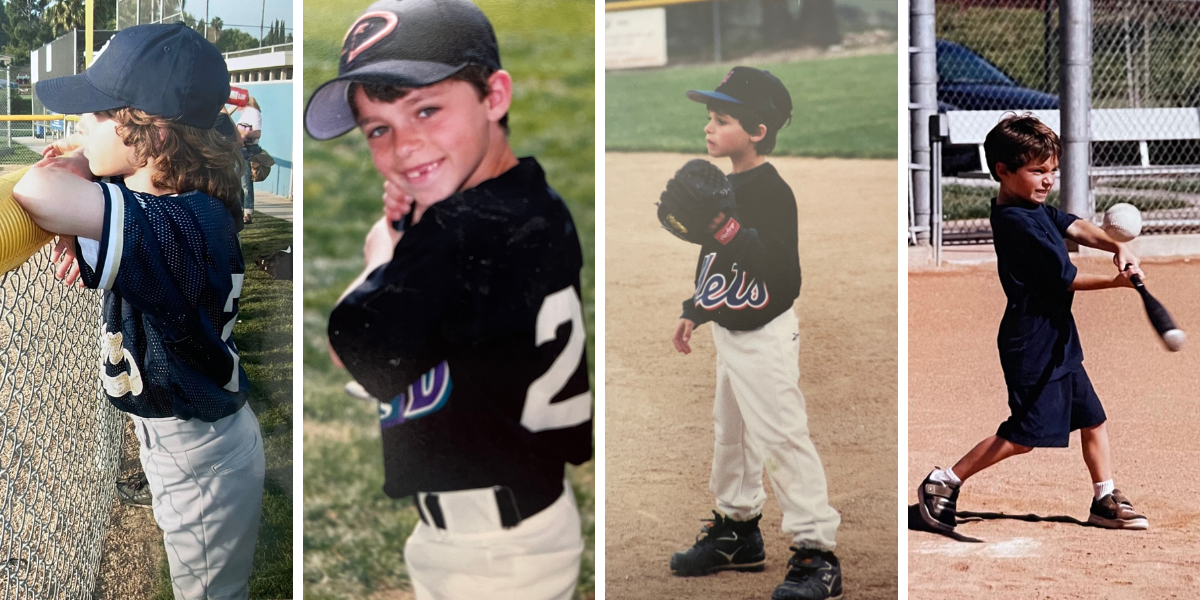 Four photos of Drew Gregory as a young child, playing baseball.