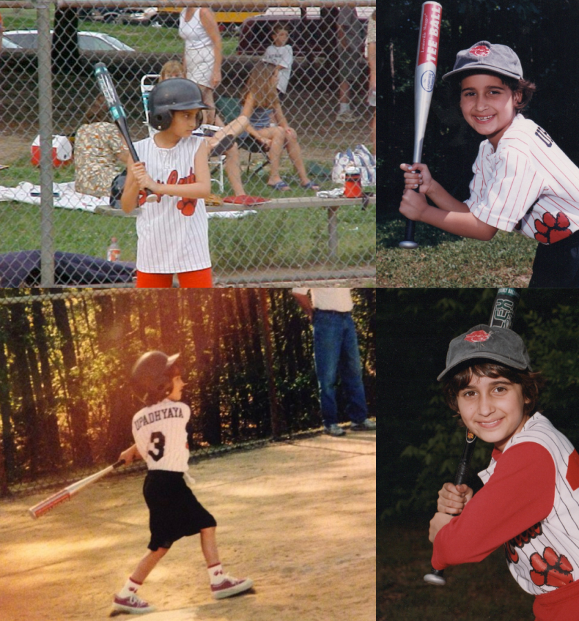 Photo 1: Kayla Kumari Upadhyaya as a child holds a bat while wearing a tank and red shorts. Photo 2: Kayla Kumari Upadhyaya as a child poses for a photo with a bat. Photo 3: Kayla Kumari Upadhyaya as a child swings a bat. Photo 4: Kayla Kumari Upadhyaya as a child poses for a photo with a bat.