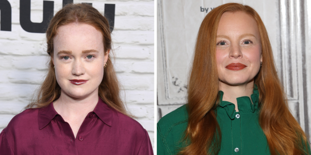Photo 1: Liv Hewson wears a maroon blouse on a red carpet. Photo 2: Lauren Ambrose wears a green shirt on a red carpet.
