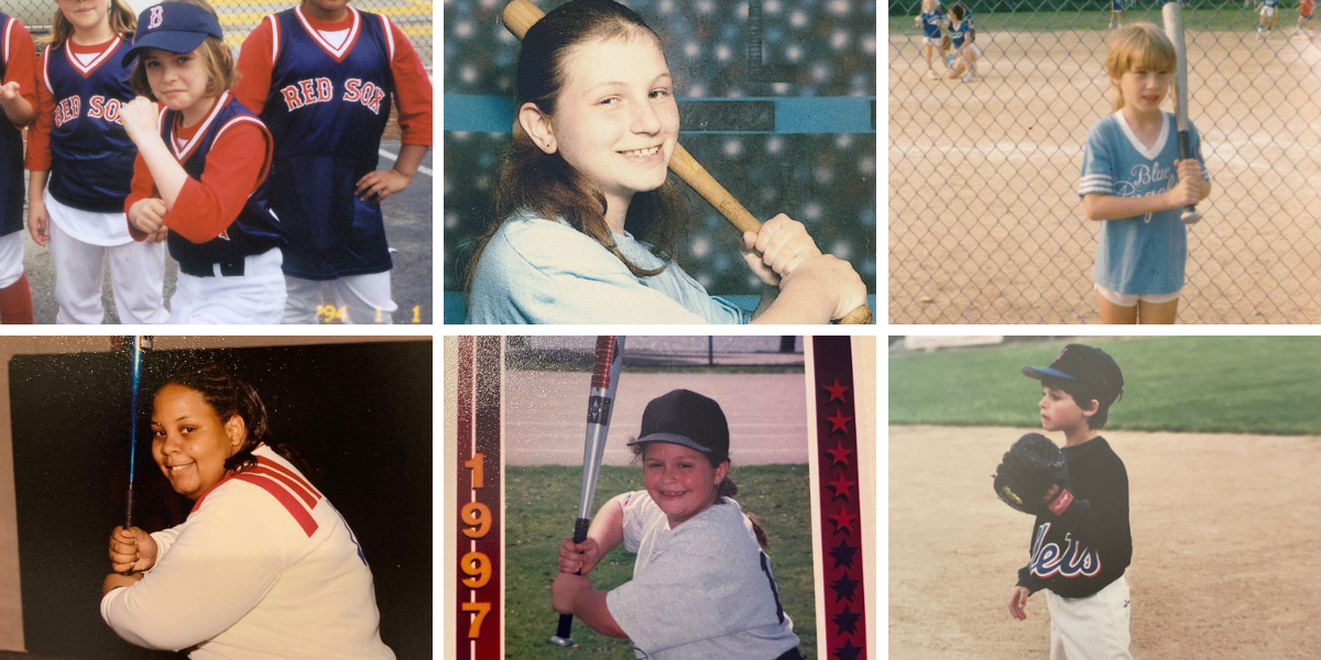 Photo 1: Anya Richkind as a young child in a Red Sox uniform. Photo 2: Katie Reilly as a young child holding a bat. Photo 3: Heather Hogan as a young child holding a bat in a Blue Angels uniform. Photo 4: shea wesley martin as a young child holding a bat. Photo 5: Stef Rubino as a young child holding a baseball bat. Photo 6: Drew Gregory as a young child on the baseball diamond holding a glove.