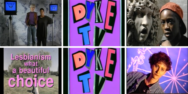 Photo 1: A white woman and a Black woman stand next to each other during the opening segment of Dyke TV with monitors behind them that say Dyke TV. Photo 2: The Dyke TV logo features magazine letters cut out spelling DYKE TV against a purple background. Photo 3: Cheryl Dunye addresses the camera. Photo 4: Pink text that reads: "Lesbianism what a beautiful choice." Photo 5: The Dyke TV logo features magazine letters cut out spelling DYKE TV against a purple background. Photo 6: The host of Lexa's Lesbian Love Signs poses in front of a horoscope wheel.